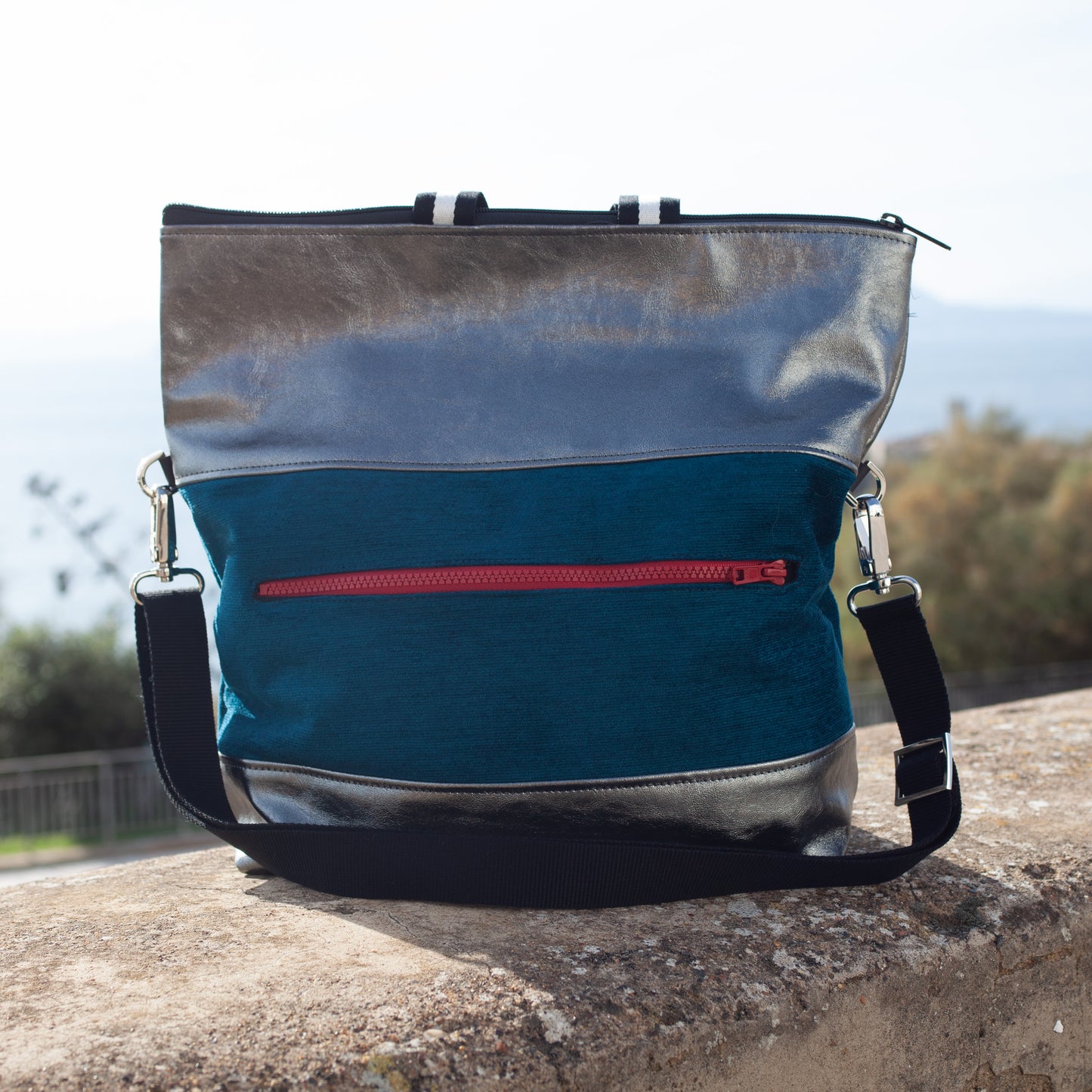 ROMA CONVERTIBLE BAG sparkly dark silver/ teal green